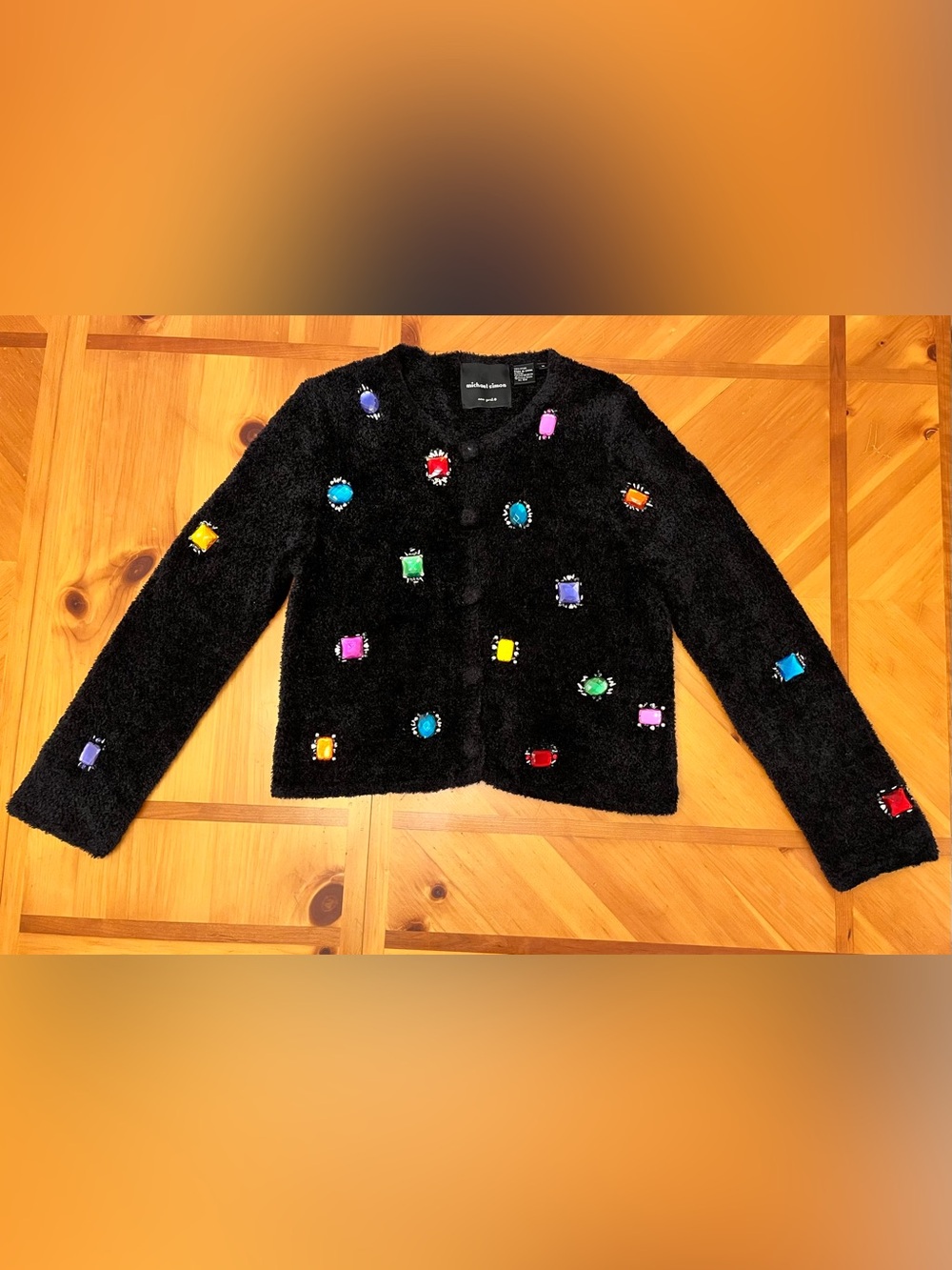 Vintage Michael Simon M Gem Embellished Cardigan Sweater Shoulder Pads 80s